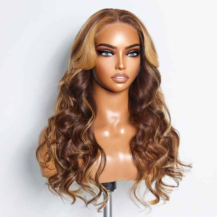 Enstah 24 Inches 5"x5" Body Wavy Wear & Go Glueless #4/27 Lace Closure Wig-100% Human Hair