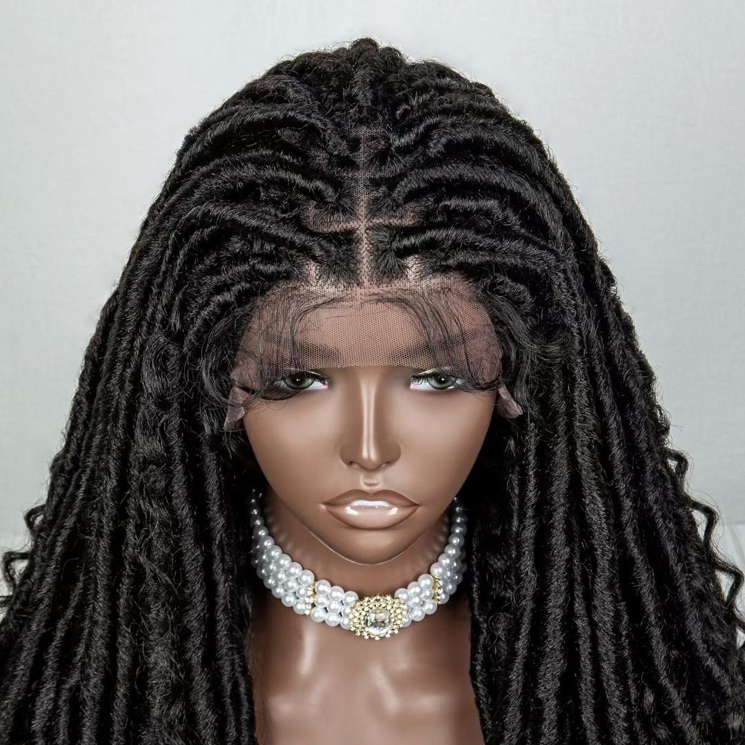 Enstah 26 Inches 4x4 Faux Goddess Locs with Curls Braids Lace Closure Wigs 200% Density-100% Handmade