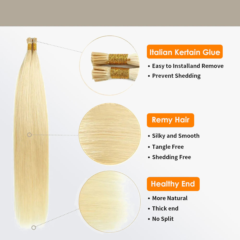Enstah I Tip Hair Extensions Natural Remy Human Hair (#613 Lightest Blonde )
