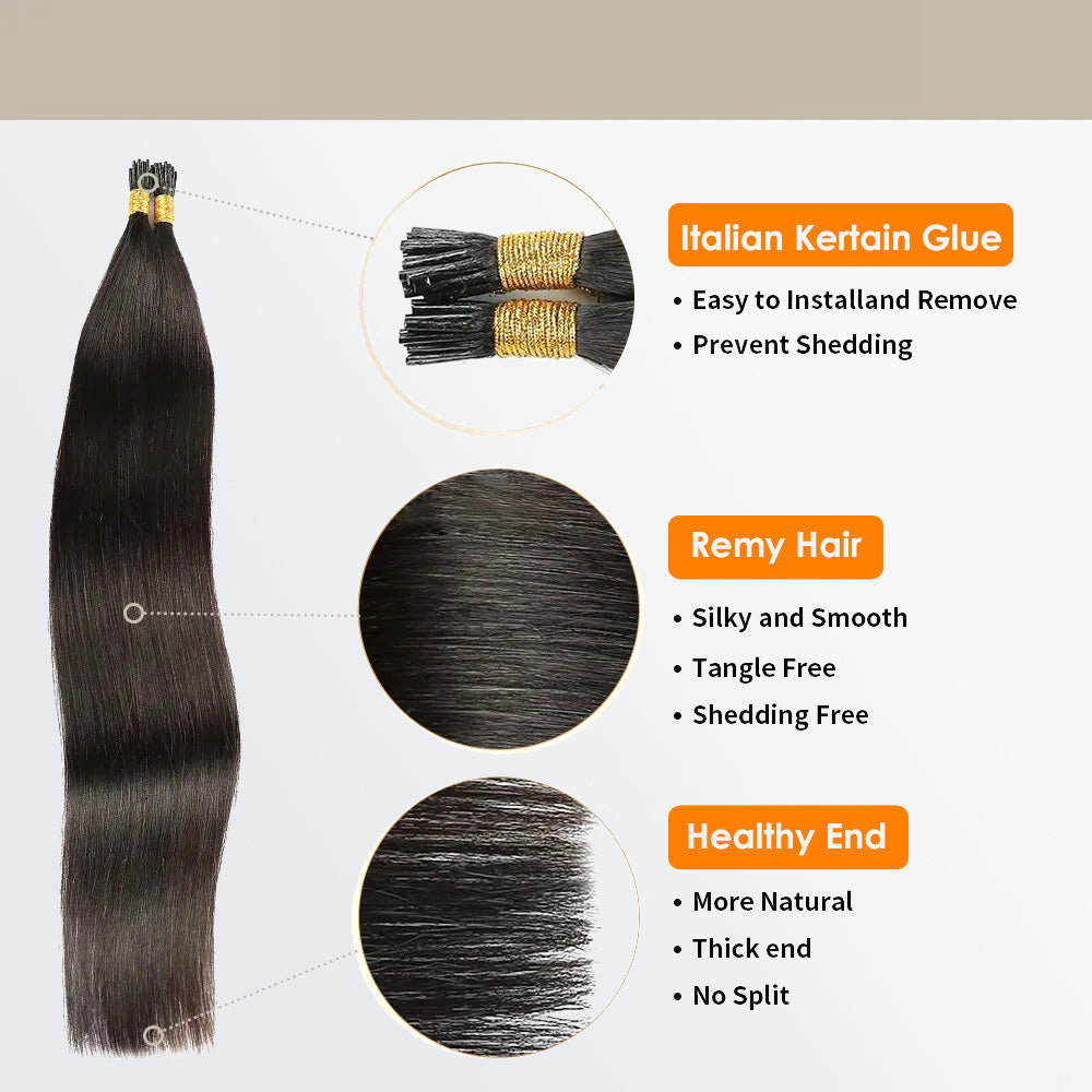 Enstah I Tip Hair Extensions Straight Natural Remy Human Hair (#1B Natural Black)