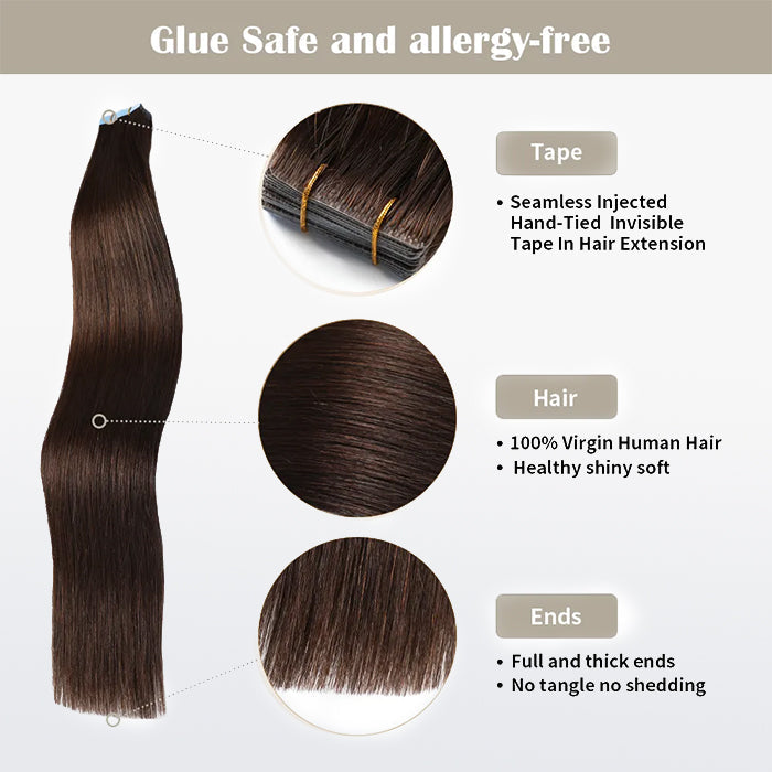 Enstah Seamless Injected Hand-Tied Invisible Tape In Hair Extension 20Pcs Virgin Human Hair