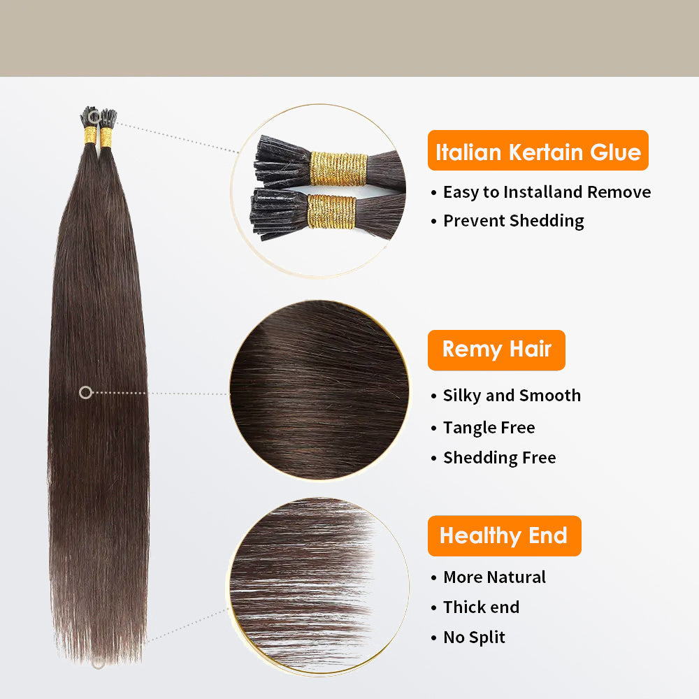 Enstah I Tip Hair Extensions Straight Natural Remy Human Hair (#2 Darkest Brown )