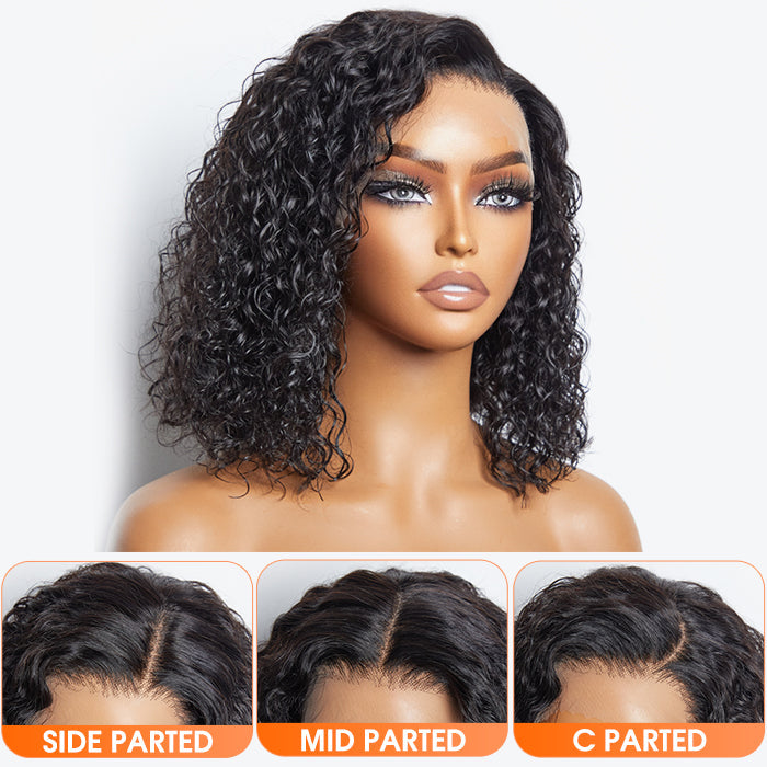 Enstah 12/14 Inches 13"x4" Natural Black Water Wavy Bob 3D Transparent Lace Frontal Wig-100% Human Hair