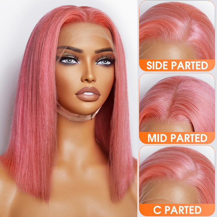 Enstah 10 Inches & 14 Inches Pre-Plucked 13"x4" #Pink Straight Bob Lace Frontal Wig 150% Density-100% Human Hair