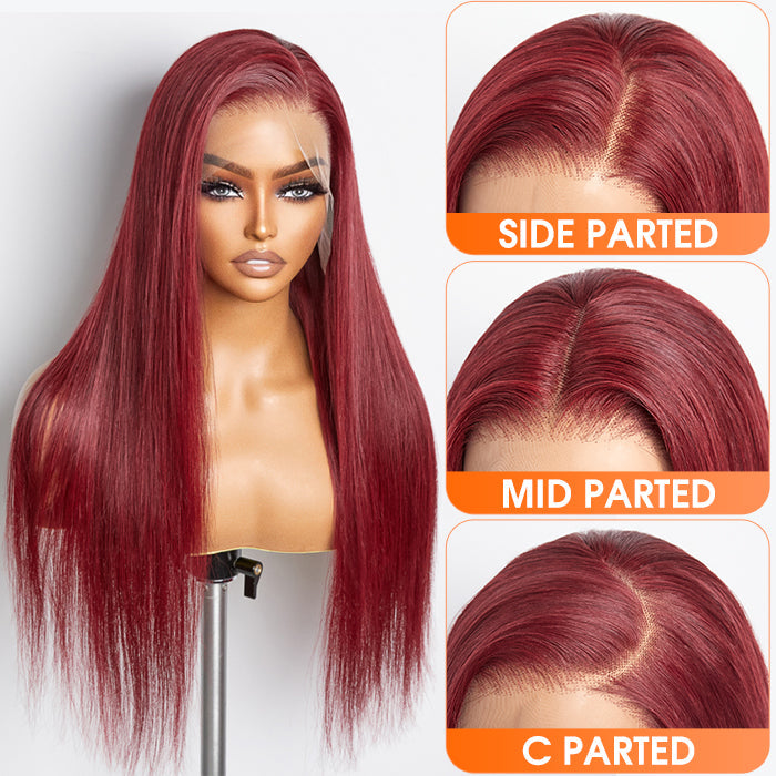 Enstah 24 Inches Burgundy 13"x4" Lace Front Straight Wig Pre-Plucked Free Part 150% Density-100% Human Hair