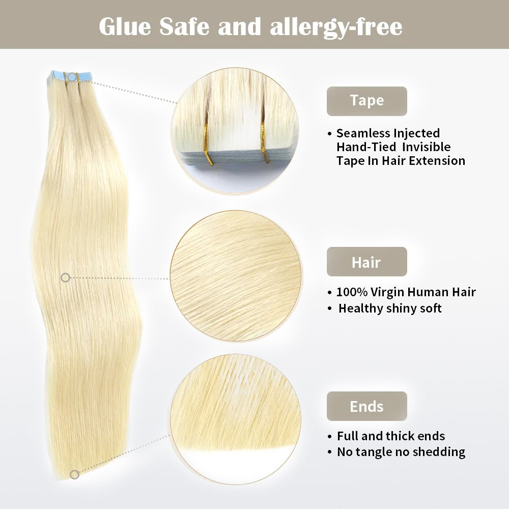 Enstah Seamless Injected Hand-Tied Invisible Tape In Hair Extension 20Pcs Virgin Human Hair