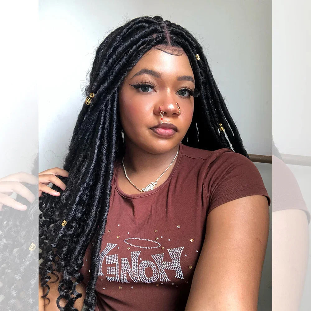 Enstah 26 Inches 4x4 Faux Goddess Locs with Curls Braids Lace Closure Wigs 200% Density-100% Handmade