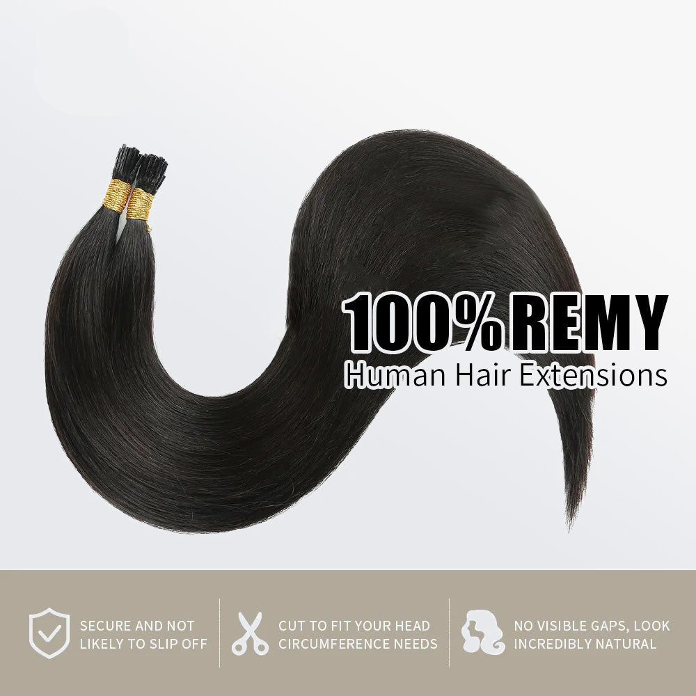 Enstah I Tip Hair Extensions Straight Natural Remy Human Hair (#1B Natural Black)