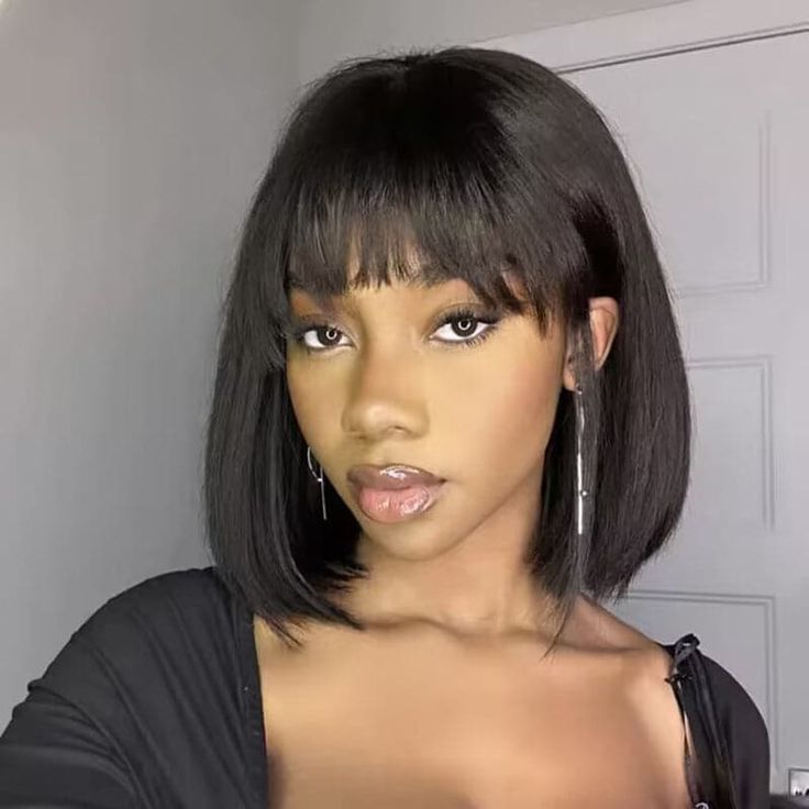 Enstah 12 Inch Realistic Yaki Straight Bob With Bangs 2x1 Minimalist Lace Wig 150% Density