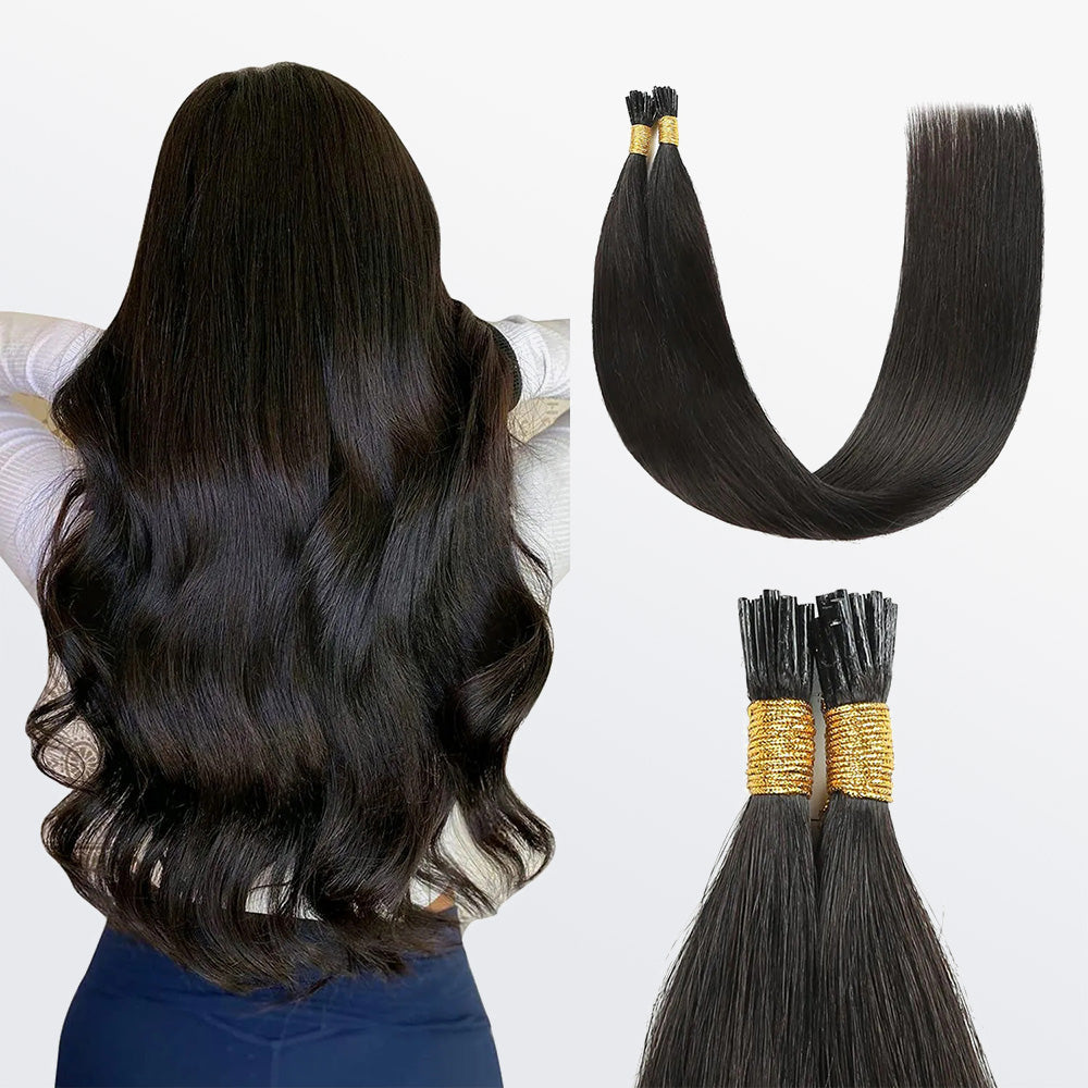 Enstah I Tip Hair Extensions Straight Natural Remy Human Hair (#1B Natural Black)