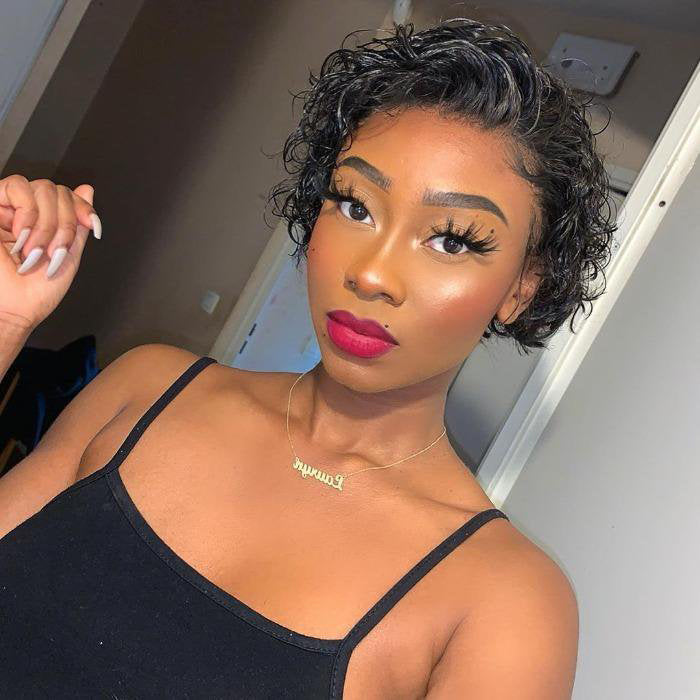 Enstah 8 inch Short Curly Pixie Cut 13"x4" Frontal Lace Wig Pre-Bleached Knots Brazilian Human Virgin Hair 150% Density
