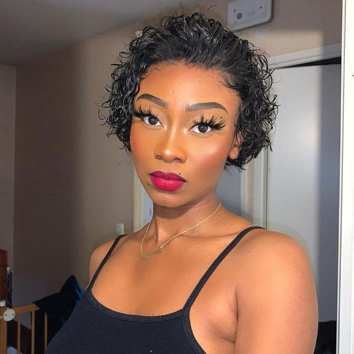 Enstah 8 inch Short Curly Pixie Cut 13"x4" Frontal Lace Wig Pre-Bleached Knots Brazilian Human Virgin Hair 150% Density