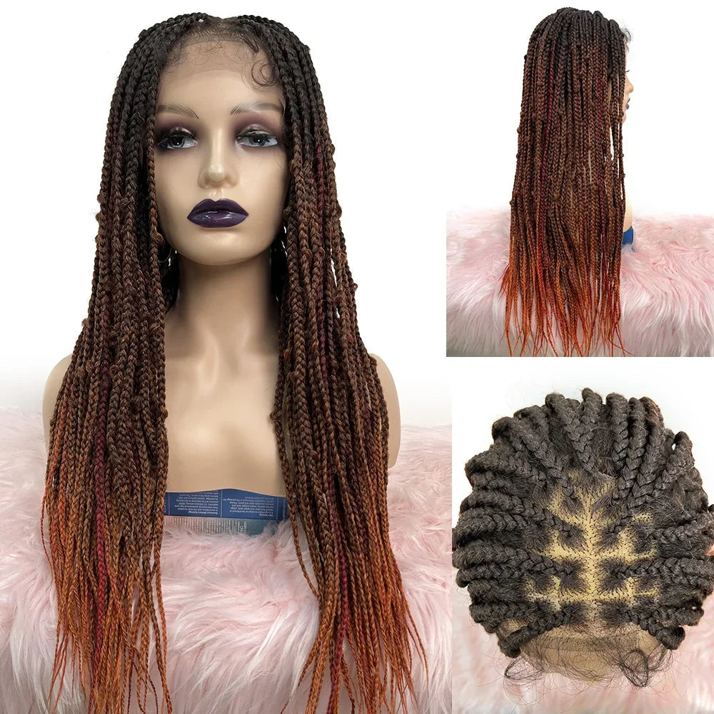 Enstah 28 Inches 4x4 Black to Orange Ends Box Braids Lace Closure Wigs 200% Density-100% Handmade