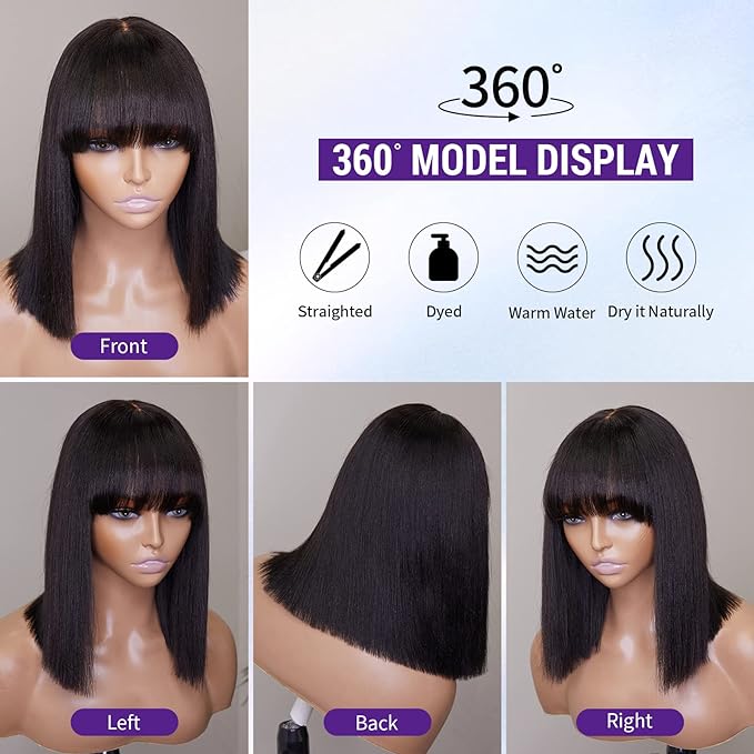 Enstah 12 Inch Realistic Yaki Straight Bob With Bangs 2x1 Minimalist Lace Wig 150% Density