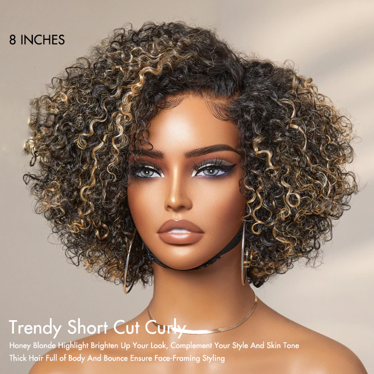 Enstah 8 inch Trendy Short Cut Curly Minimalist HD Lace Glueless Side Part Wig