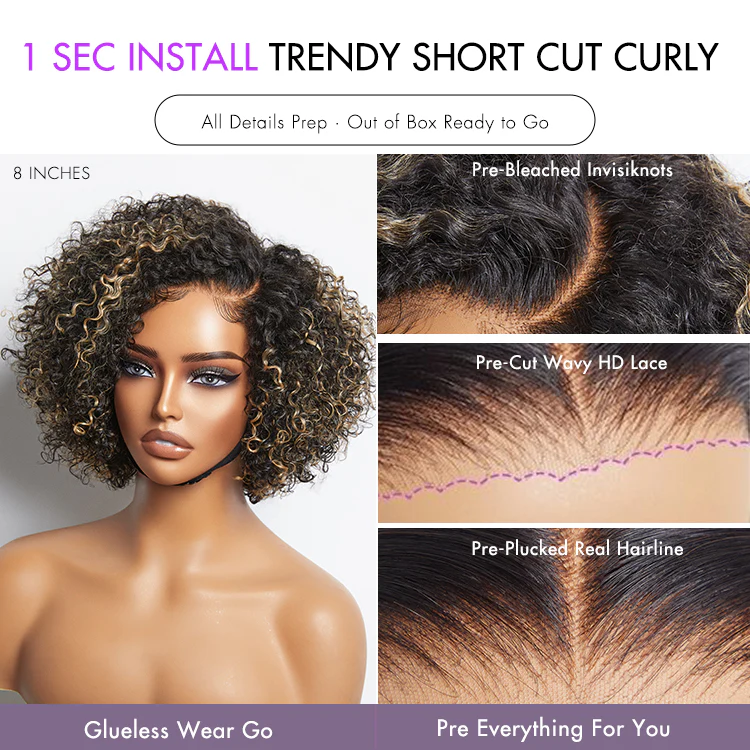 Enstah 8 inch Trendy Short Cut Curly Minimalist HD Lace Glueless Side Part Wig