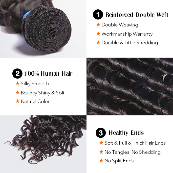 Enstah 10-30 Inch Deep Wavy Virgin Brazilian Hair #1B Natural Black