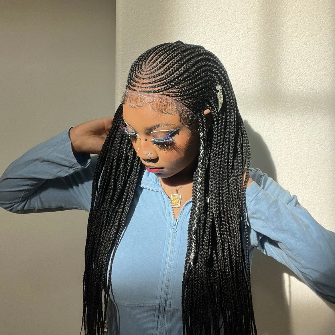 Enstah 30 Inches 13x7 Fulani Braided Neat Braids Lace Front Wigs 200% Density-100% Handmade