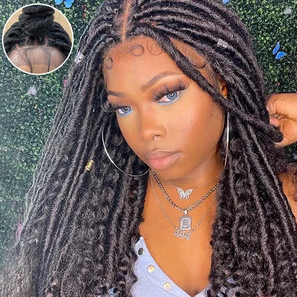 Enstah 26 Inches 4x4 Faux Goddess Locs with Curls Braids Lace Closure Wigs 200% Density-100% Handmade