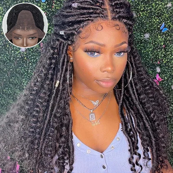 Enstah 26 Inches 4x4 Faux Goddess Locs with Curls Braids Lace Closure Wigs 200% Density-100% Handmade