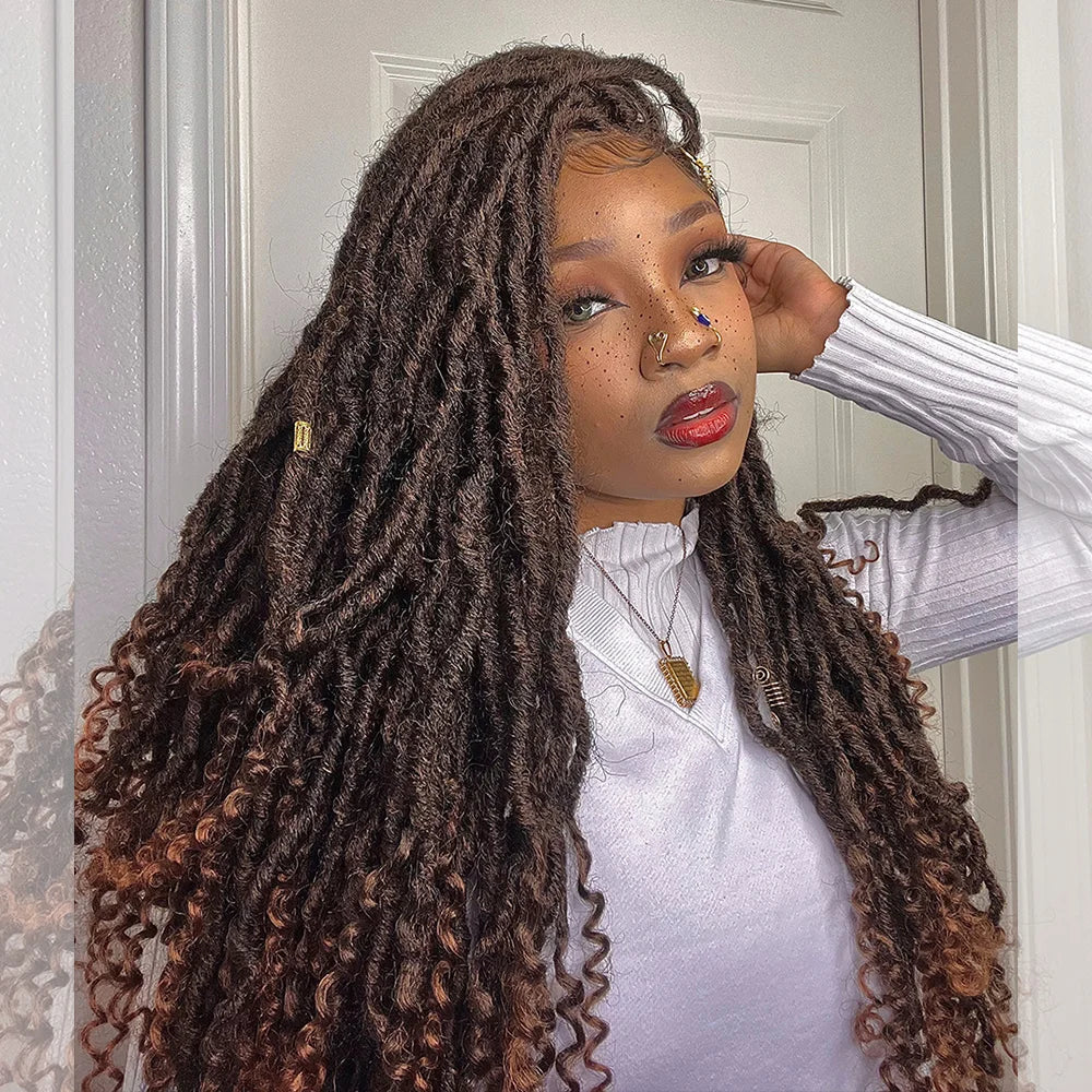 Enstah 26 Inches 4x4 Deep Curls Ends Boho Goddess Locs Lace Closure Wigs 200% Density-100% Handmade