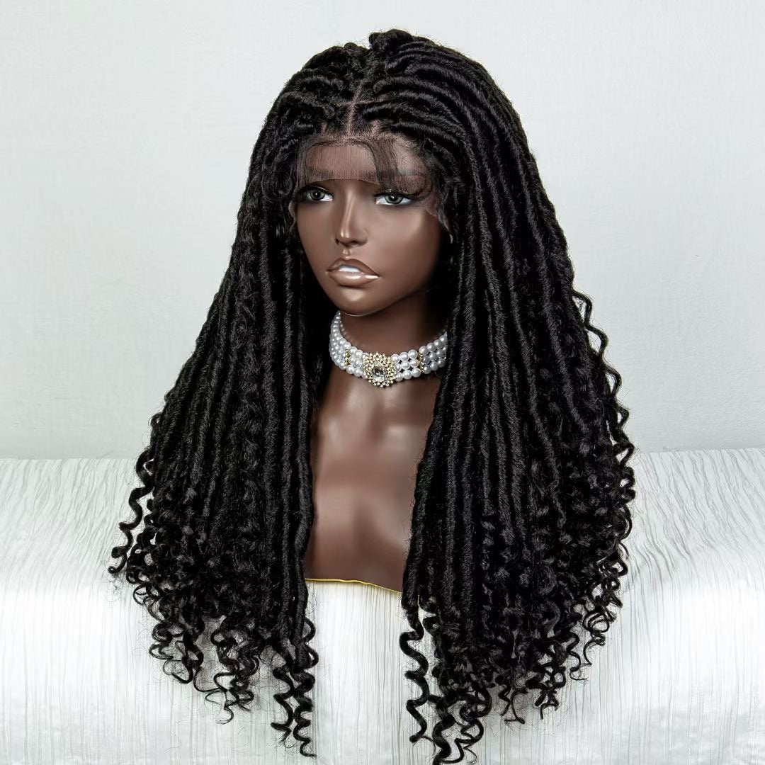 Enstah 26 Inches 4x4 Faux Goddess Locs with Curls Braids Lace Closure Wigs 200% Density-100% Handmade