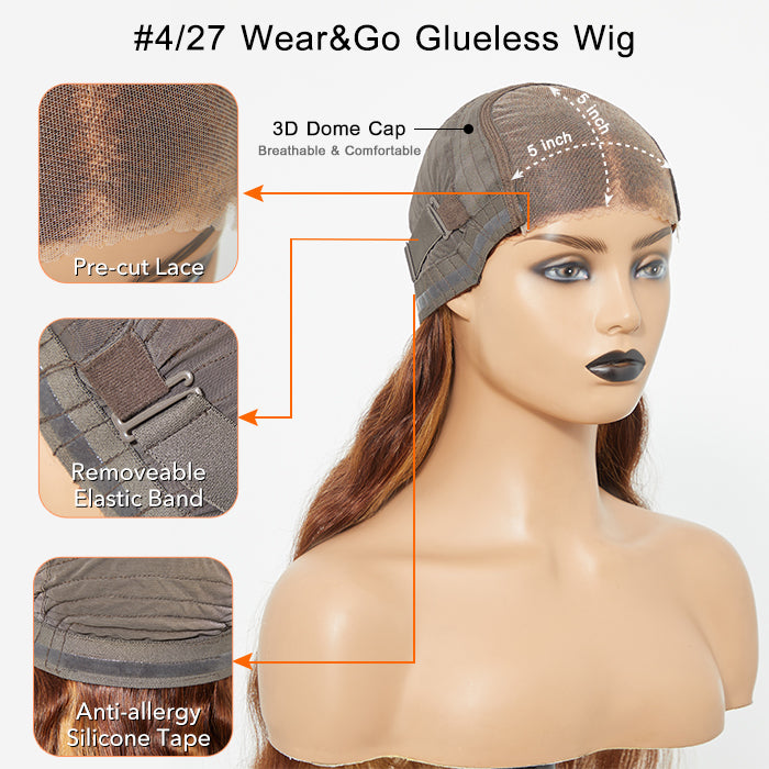 Enstah 24 Inches 5"x5" Body Wavy Wear & Go Glueless #4/27 Lace Closure Wig-100% Human Hair