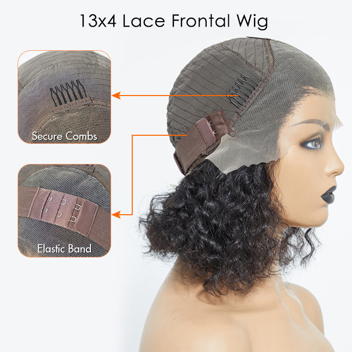 Enstah 12/14 Inches 13"x4" Natural Black Water Wavy Bob 3D Transparent Lace Frontal Wig-100% Human Hair
