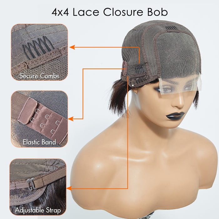 Enstah 8 Inches 4"x4" Natural Black Straight Bob Side Part Lace Closure Wig-100% Human Hair