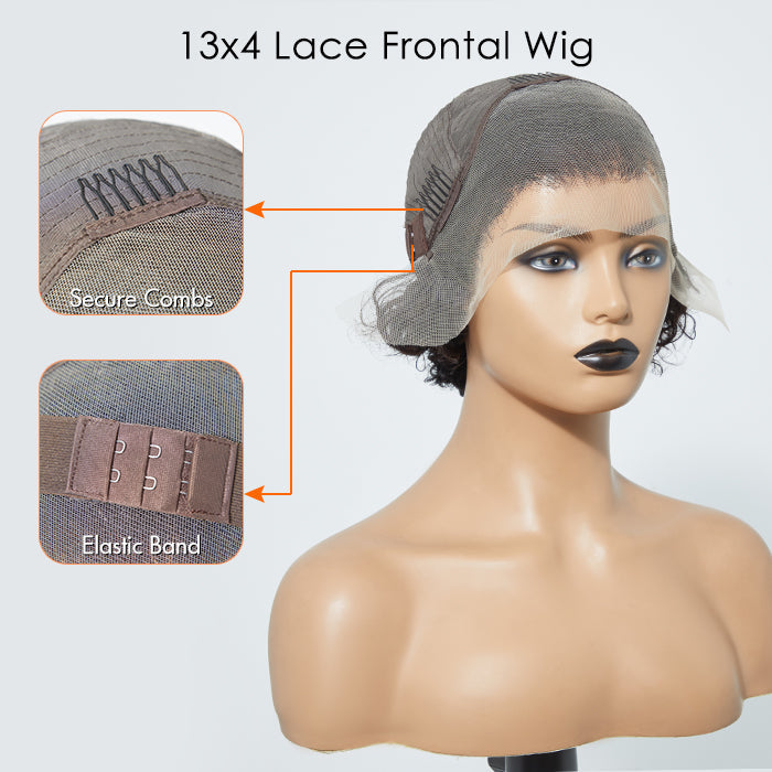 Enstah 8 inch Short Curly Pixie Cut 13"x4" Frontal Lace Wig Pre-Bleached Knots Brazilian Human Virgin Hair 150% Density