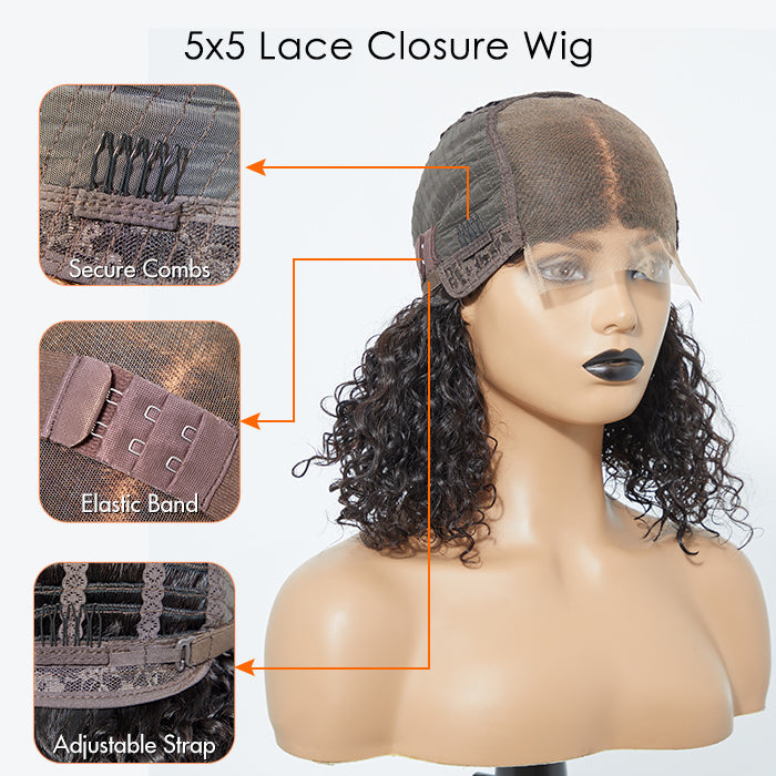 Enstah 5x5 Glueless Lace Closure Bob Wig 150% Density Water Wave