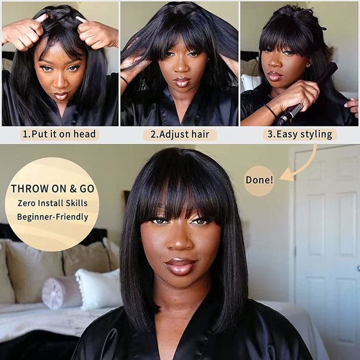 Enstah 12 Inch Realistic Yaki Straight Bob With Bangs 2x1 Minimalist Lace Wig 150% Density