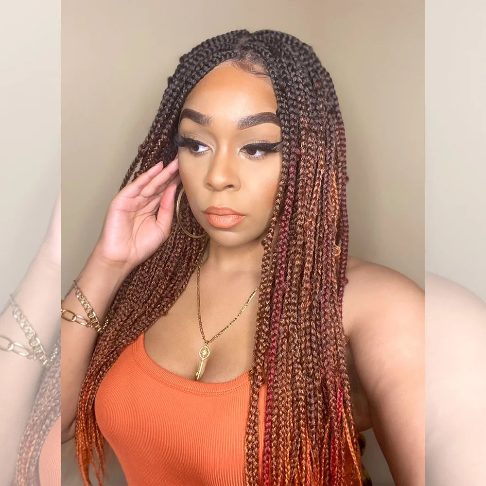 Enstah 28 Inches 4x4 Black to Orange Ends Box Braids Lace Closure Wigs 200% Density-100% Handmade